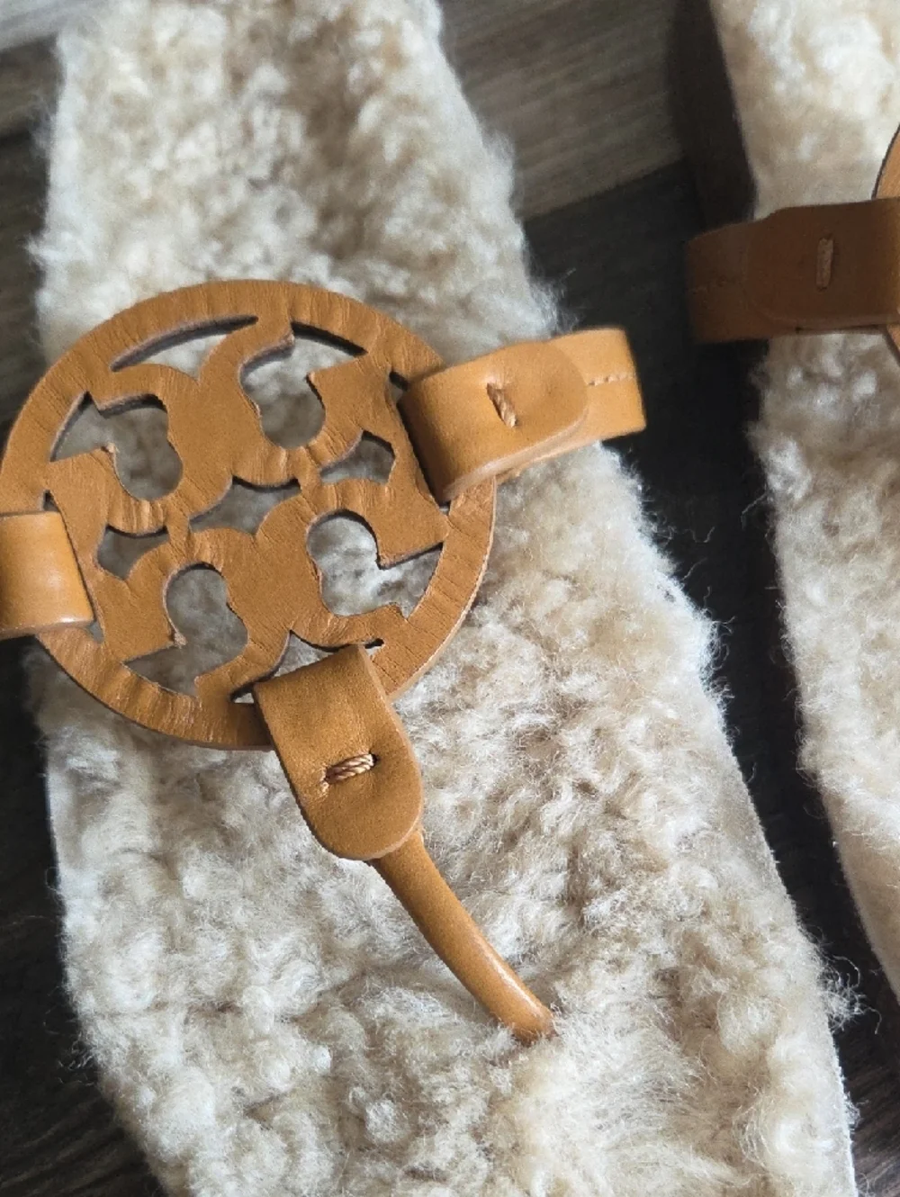 Tory Burch Camel Leather Logo Shearling Slide Sandals